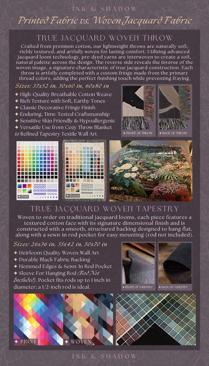 The image is a comparison between printed fabric and woven Jacquard fabric, featuring images of the fabrics in different colors and textures.