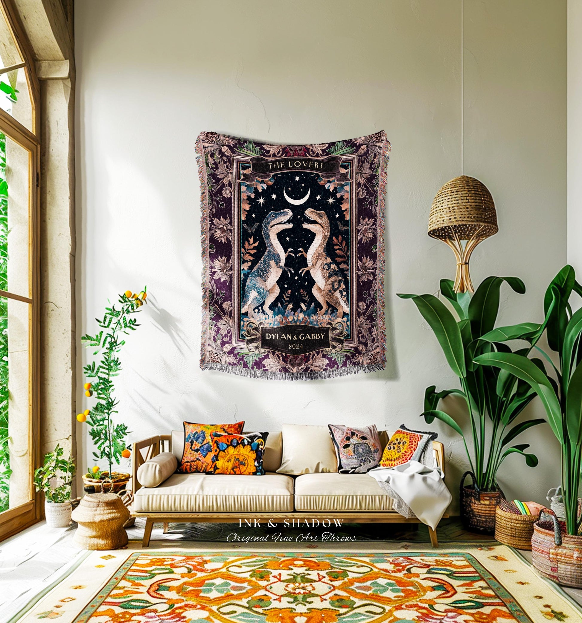 Moonlit Midnight Dinosaur Lovers Woven Throw Personalized Anniversary Decor | T-Rex Dino Couple Whimsigothic Art Wedding Keepsake Tapestry