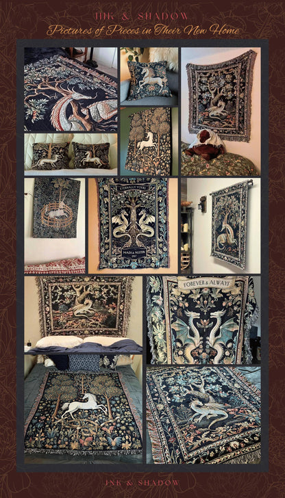 Moody Maximalist Dragon Woven Blanket | Dark Floral Cottagecore Tapestry Woodland Gothic Medieval Bedroom Wall Art Ethereal Fairytale Theme