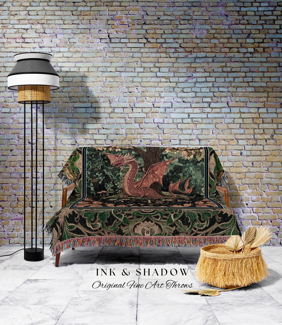 Moody Maximalist Dragon Woven Blanket | Dark Floral Cottagecore Tapestry Woodland Gothic Medieval Bedroom Wall Art Ethereal Fairytale Theme