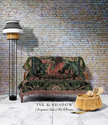 Moody Maximalist Dragon Woven Blanket | Dark Floral Cottagecore Tapestry Woodland Gothic Medieval Bedroom Wall Art Ethereal Fairytale Theme