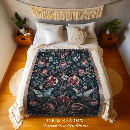 Moody Dark Botanical Pomegranate Art Blanket Victorian Nouveau Butterfly Tapestry Throw, Mystic Woodland Whimsigoth Enchanted Forest Florals