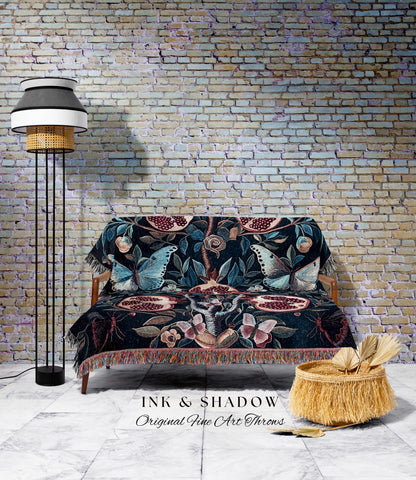 Moody Dark Botanical Pomegranate Art Blanket Victorian Nouveau Butterfly Tapestry Throw, Mystic Woodland Whimsigoth Enchanted Forest Florals
