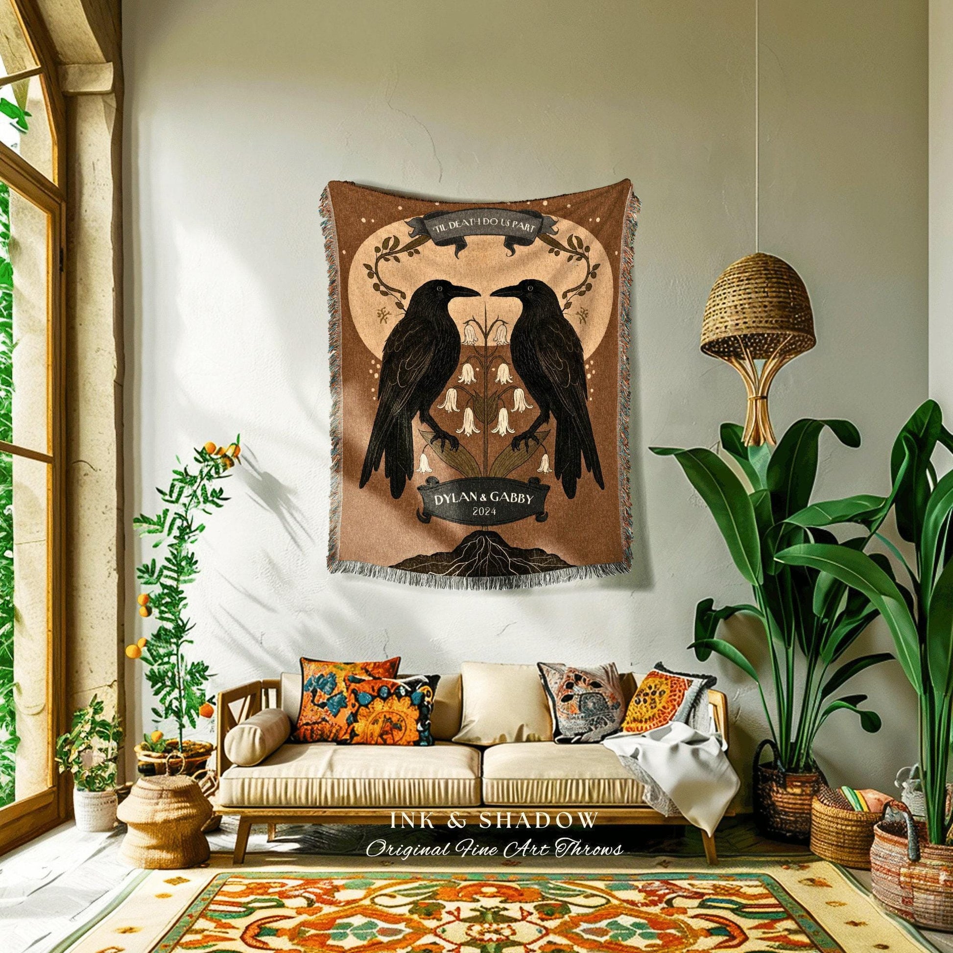 Mystic Crow Couple Custom Woven Blanket | Crow Core Couple Dark Academia Aesthetic Witchy Throw Custom Name Gift Tapestry Minimalist Decor |