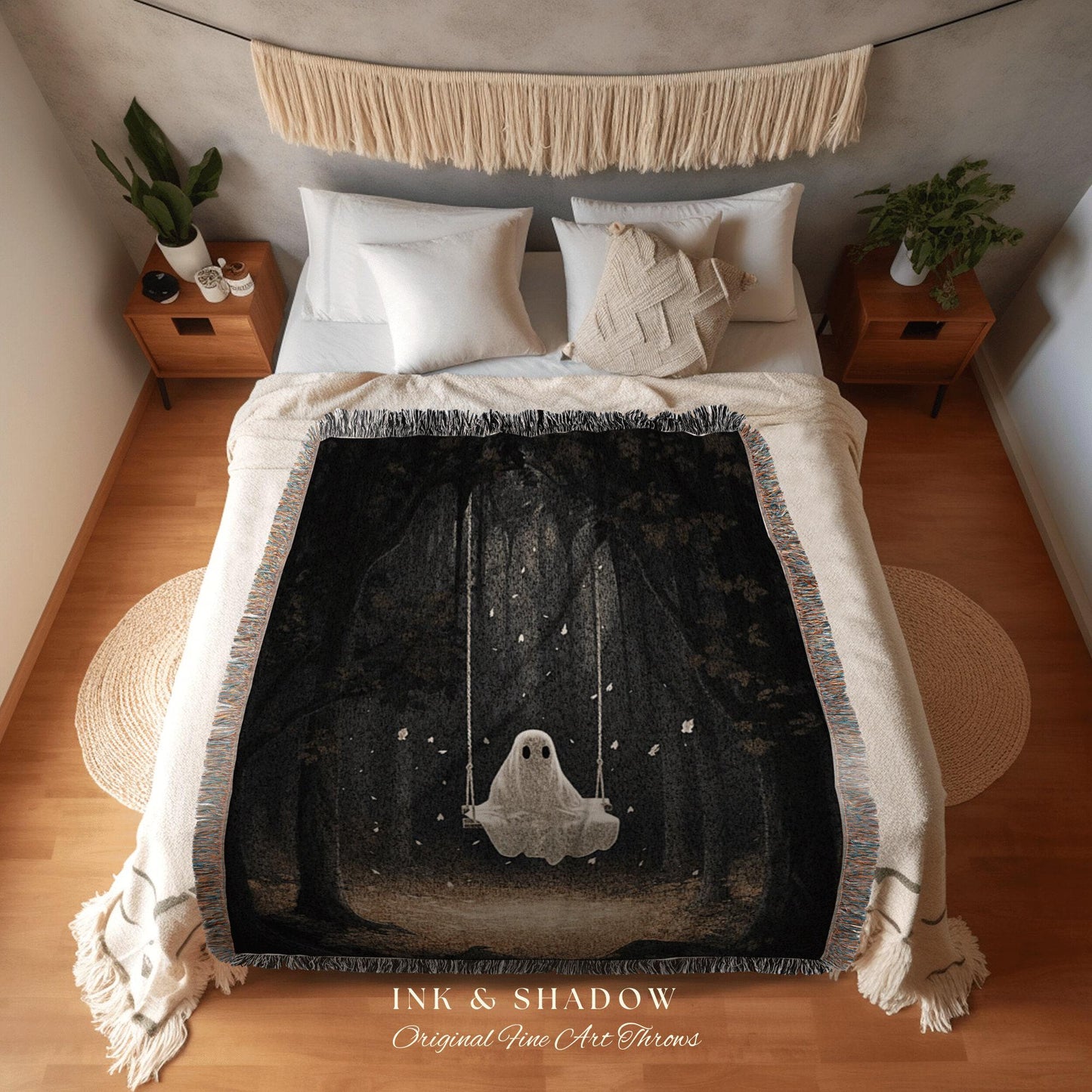 Mystical Ghost Tapestry Woven | Fall Aesthetic Vintage Ghost Art Woven Tapestry Halloween Decor Dark Academia Wall Art Ghost Blanket Spooky