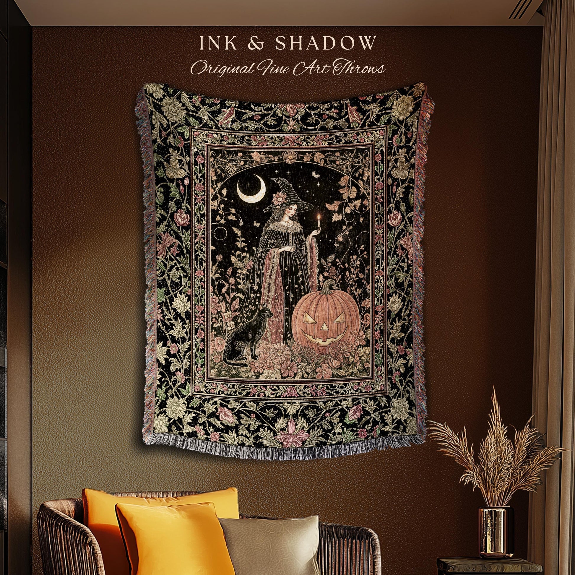 Victorian Gothic Witchcraft Woven Tapestry Black Cat & Witch Halloween Folklore Throw Blanket Jack-o-Lantern Fairytale Fall Botanicals Decor