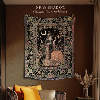 Victorian Gothic Witchcraft Woven Tapestry Black Cat & Witch Halloween Folklore Throw Blanket Jack-o-Lantern Fairytale Fall Botanicals Decor