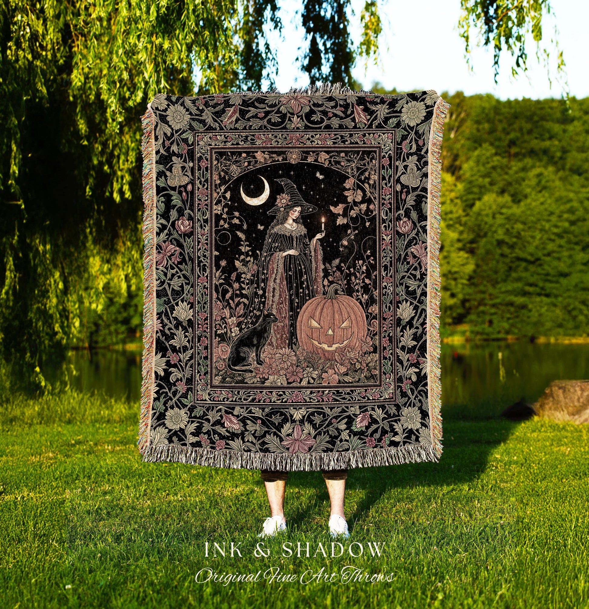 Victorian Gothic Witchcraft Woven Tapestry Black Cat & Witch Halloween Folklore Throw Blanket Jack-o-Lantern Fairytale Fall Botanicals Decor