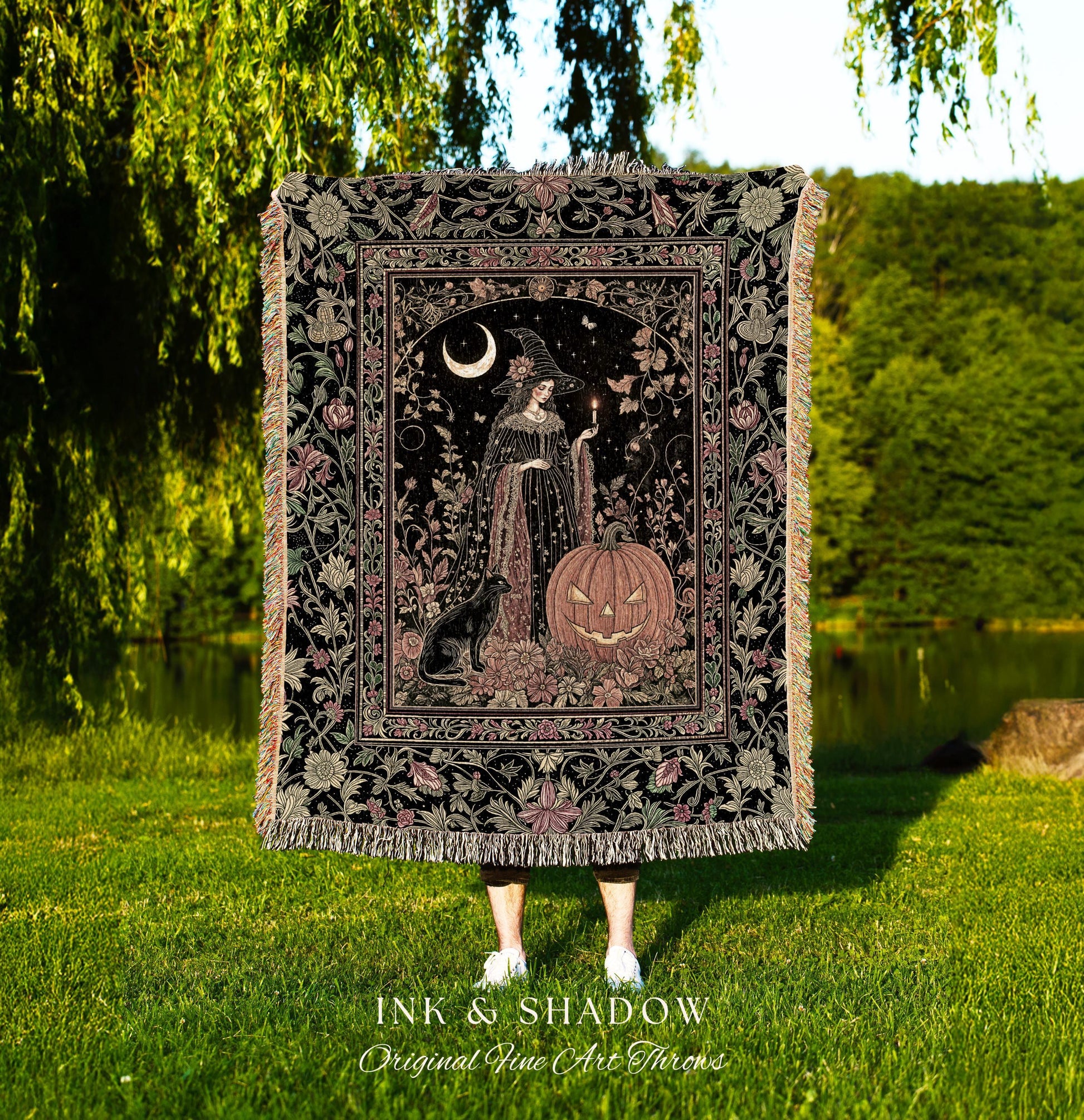Victorian Gothic Witchcraft Woven Tapestry Black Cat & Witch Halloween Folklore Throw Blanket Jack-o-Lantern Fairytale Fall Botanicals Decor