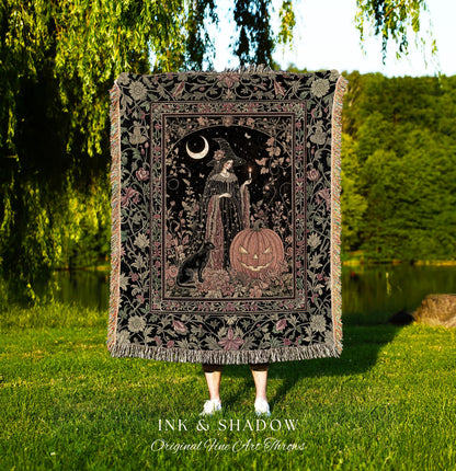Victorian Gothic Witchcraft Woven Tapestry Black Cat & Witch Halloween Folklore Throw Blanket Jack-o-Lantern Fairytale Fall Botanicals Decor
