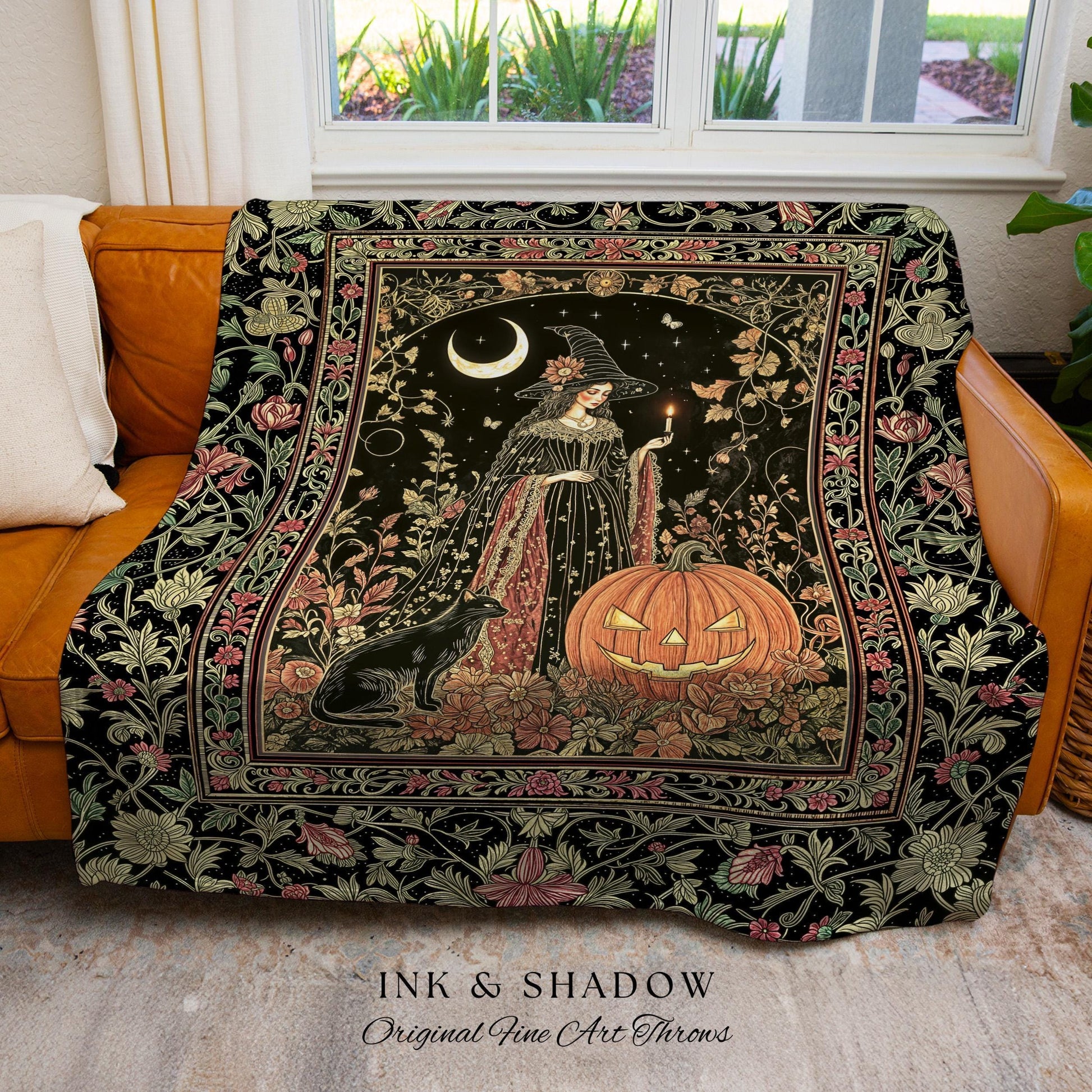 Victorian Gothic Witchcraft Woven Tapestry Black Cat & Witch Halloween Folklore Throw Blanket Jack-o-Lantern Fairytale Fall Botanicals Decor