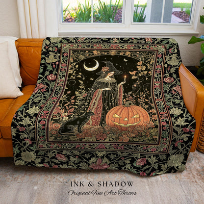 Victorian Gothic Witchcraft Woven Tapestry Black Cat & Witch Halloween Folklore Throw Blanket Jack-o-Lantern Fairytale Fall Botanicals Decor