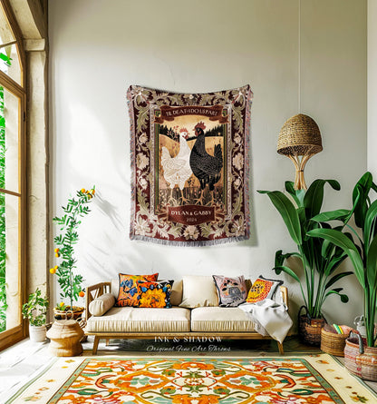 His & Hers Chicken Couple Tapestry Blanket | Rustic Farmhouse Wedding Western Aesthetic Mr and Mrs Custom Woven Anniversary Gift Thoughtful