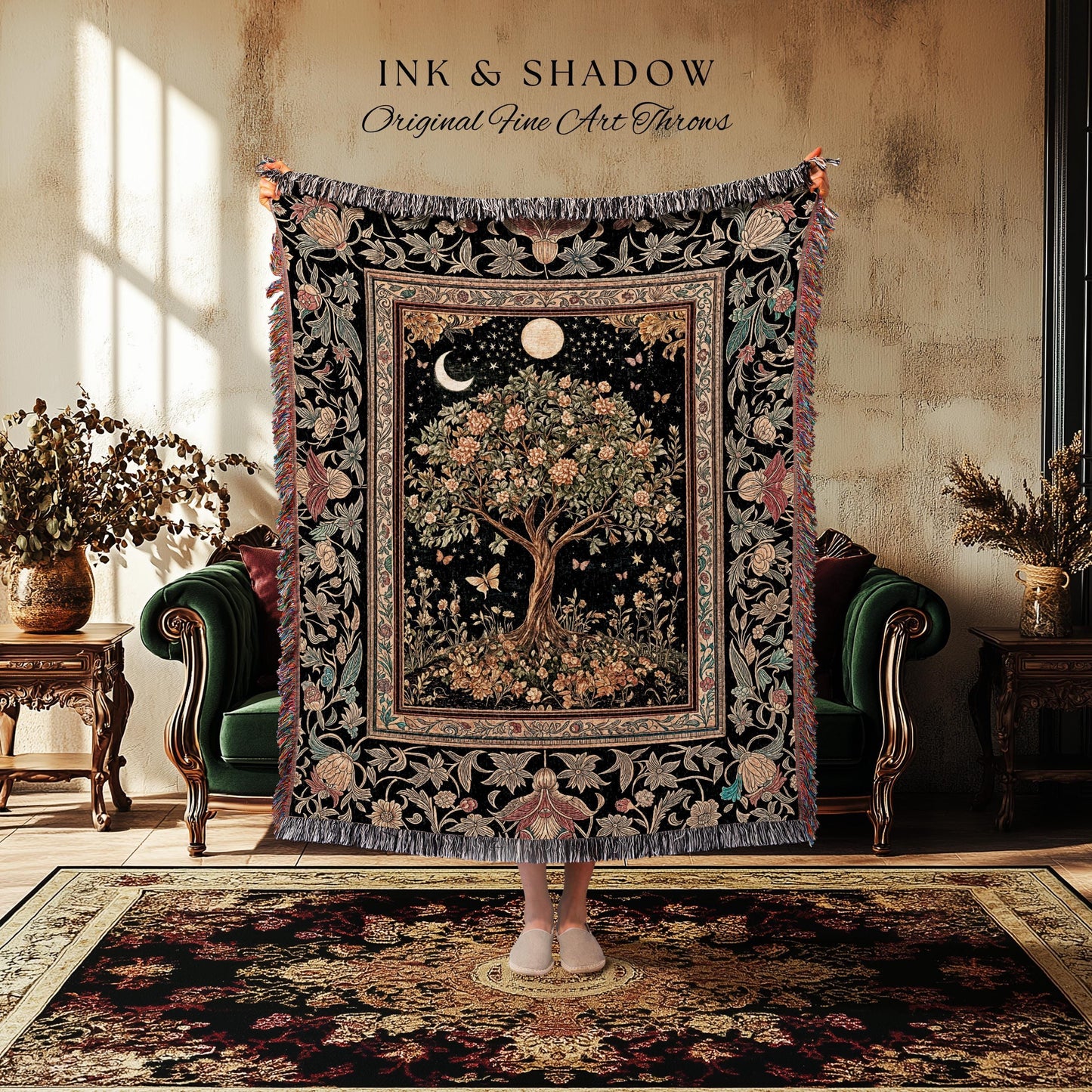 Rustic Medieval Fairycore Tree Throw Blanket Woven Cotton Wall Tapestry