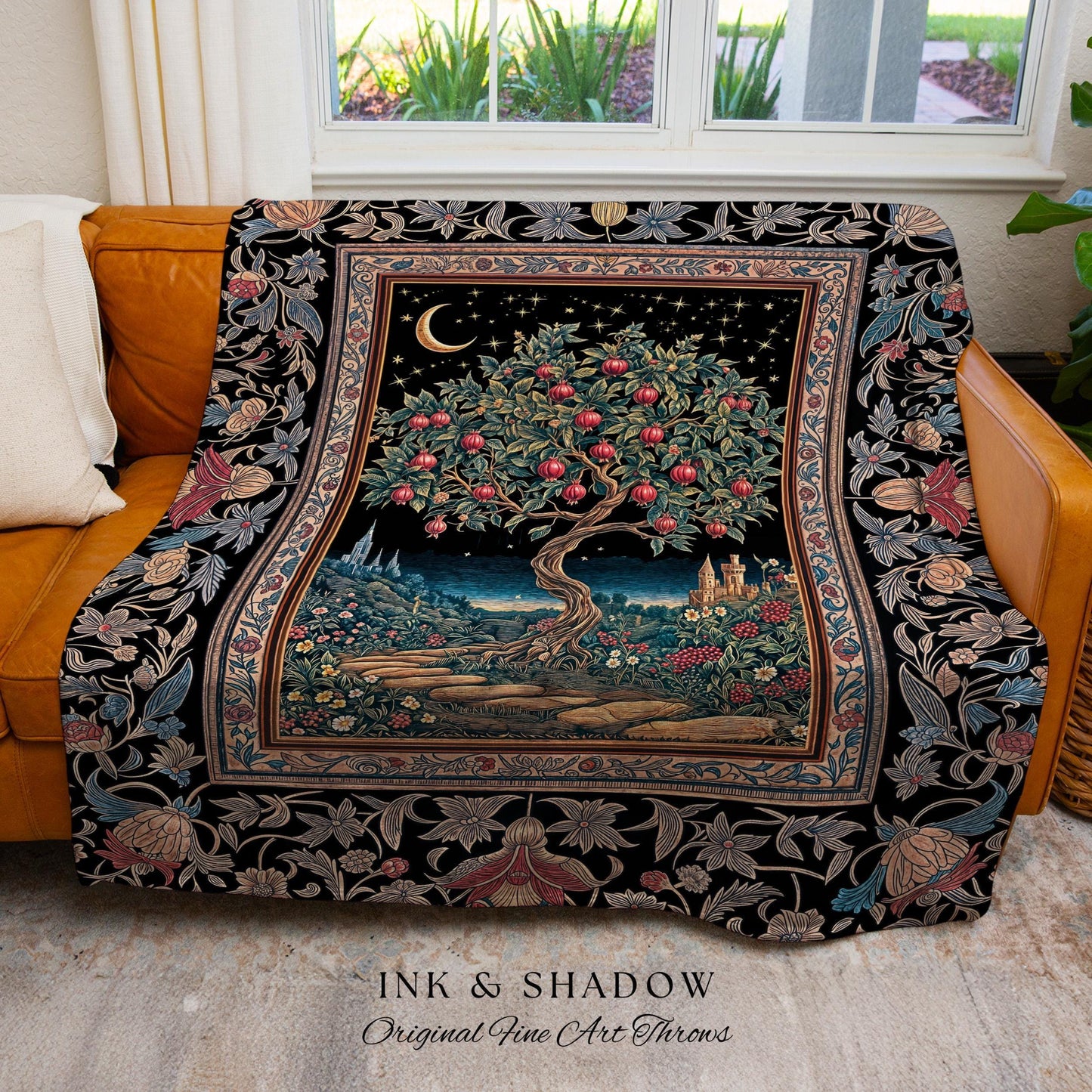 Twilight Orchard Tree Life Tapestry | Enchanted Harvest Aesthetic Crimson Moonlit Medieval Magic Style Eclectic Woven Throw Blanket Witchy |