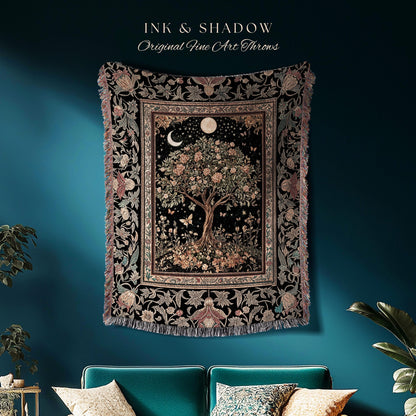 Rustic Medieval Fairycore Tree Throw Blanket Woven Cotton Wall Tapestry