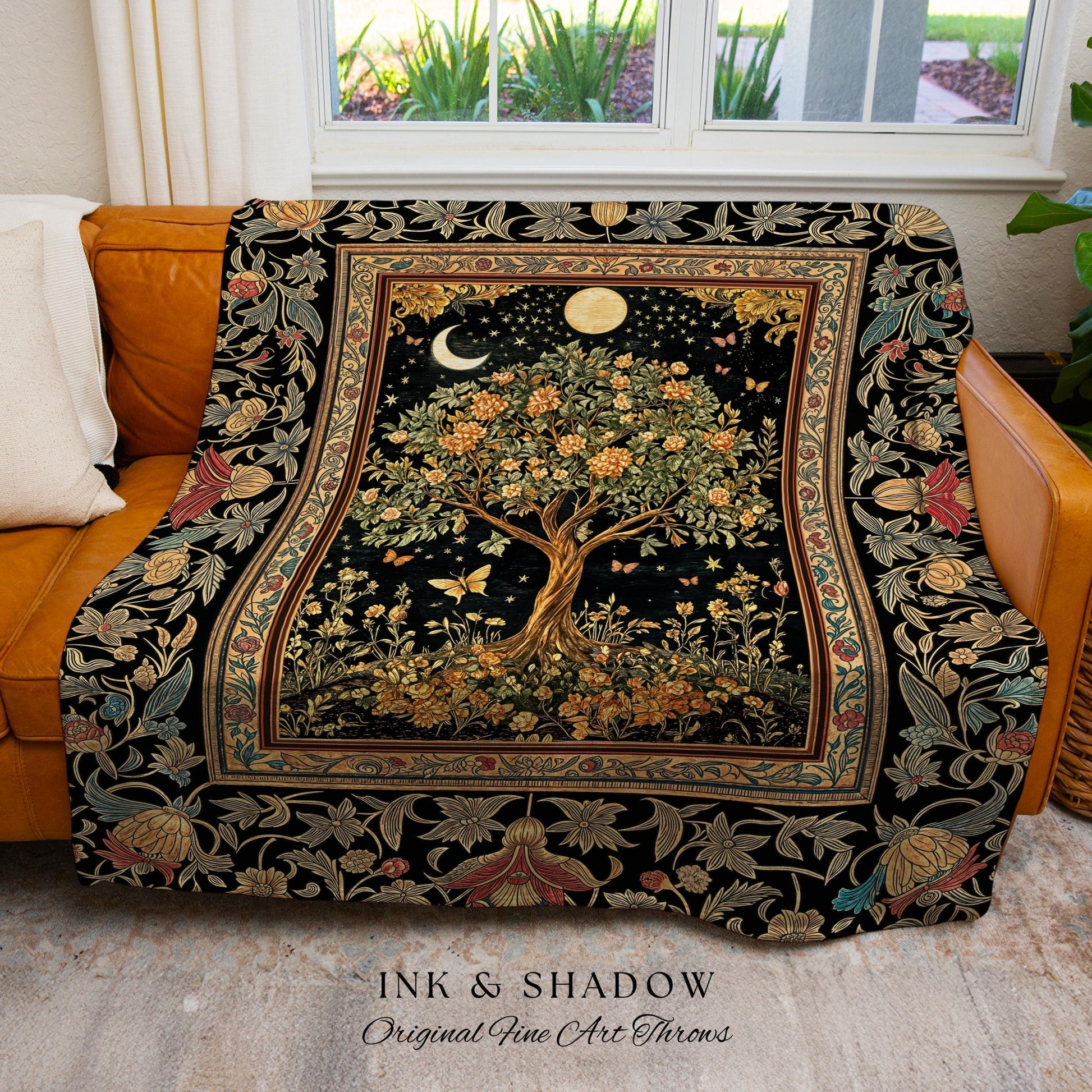 Rustic Medieval Fairycore Tree Throw Blanket Woven Cotton Wall Tapestry