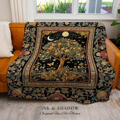 Rustic Medieval Fairycore Tree Throw Blanket Woven Cotton Wall Tapestry