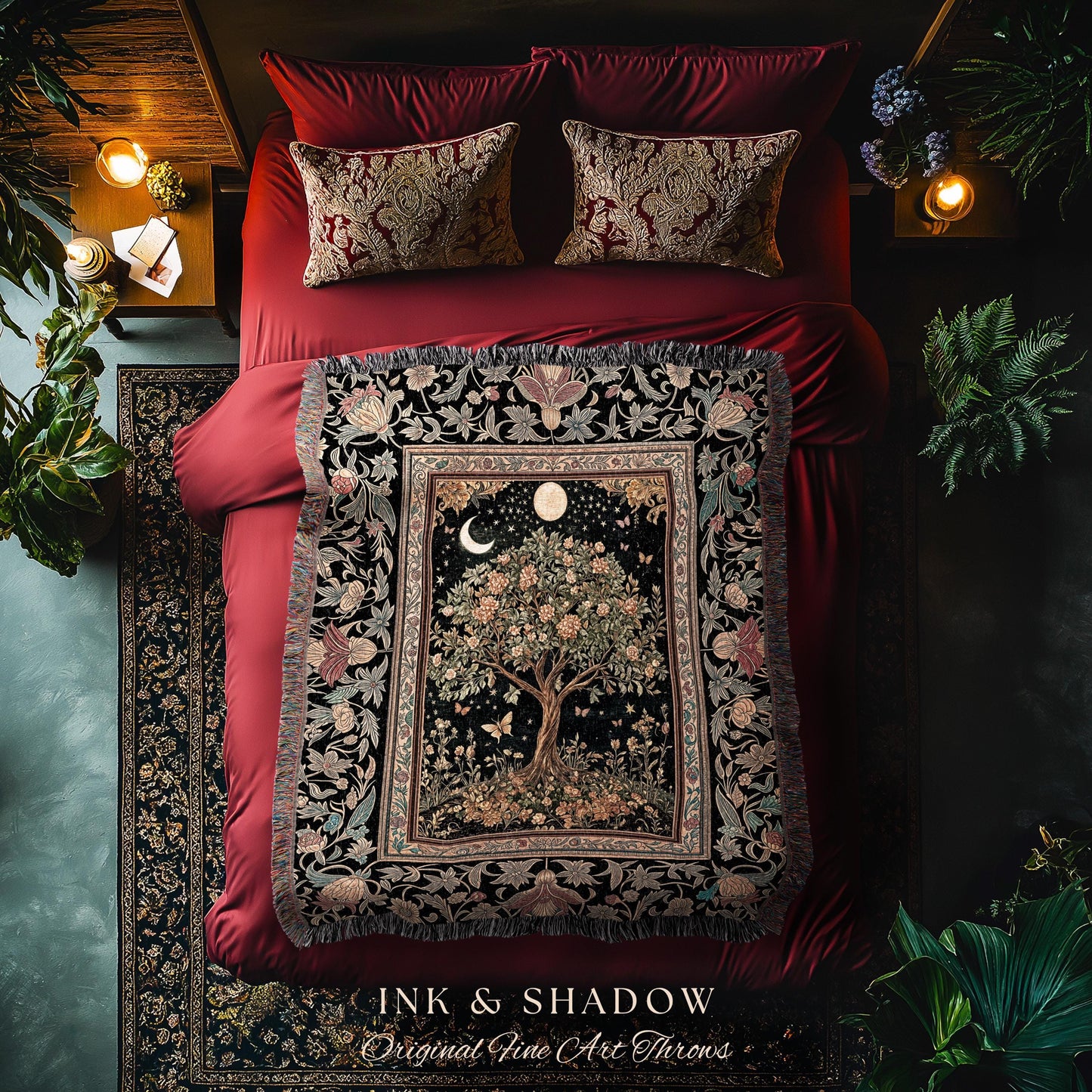 Rustic Medieval Fairycore Tree Throw Blanket Woven Cotton Wall Tapestry