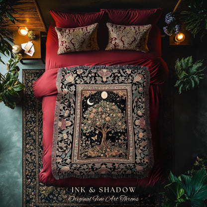 Rustic Medieval Fairycore Tree Throw Blanket Woven Cotton Wall Tapestry