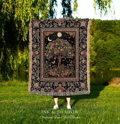 Rustic Medieval Fairycore Tree Throw Blanket Woven Cotton Wall Tapestry