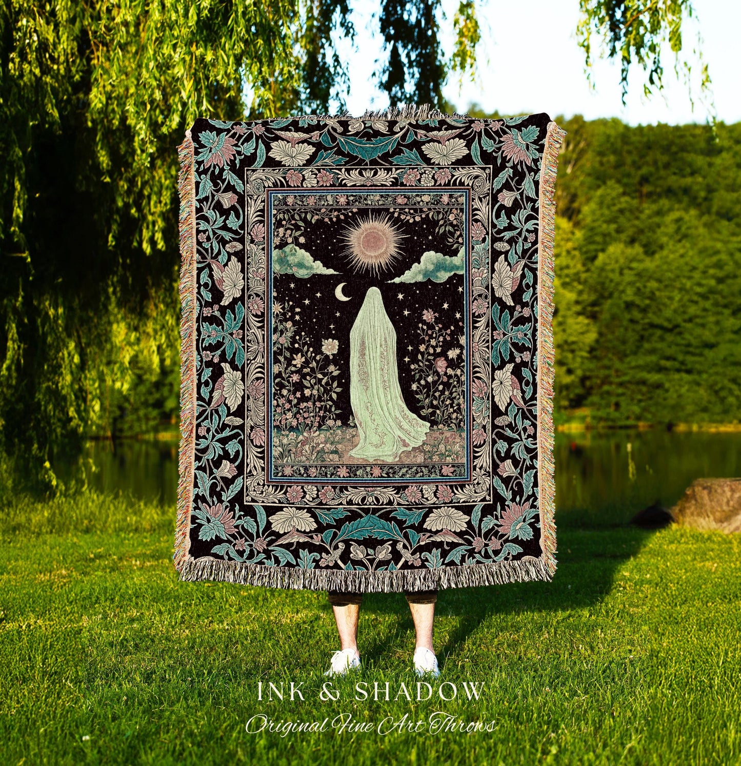 Earth Spirit Mystic Floral Ghost Throw | Cottagecore Blanket Tapestry Whimsigoth Decor Sunlit Pastel Accent Botanical Season Witchy Vintage
