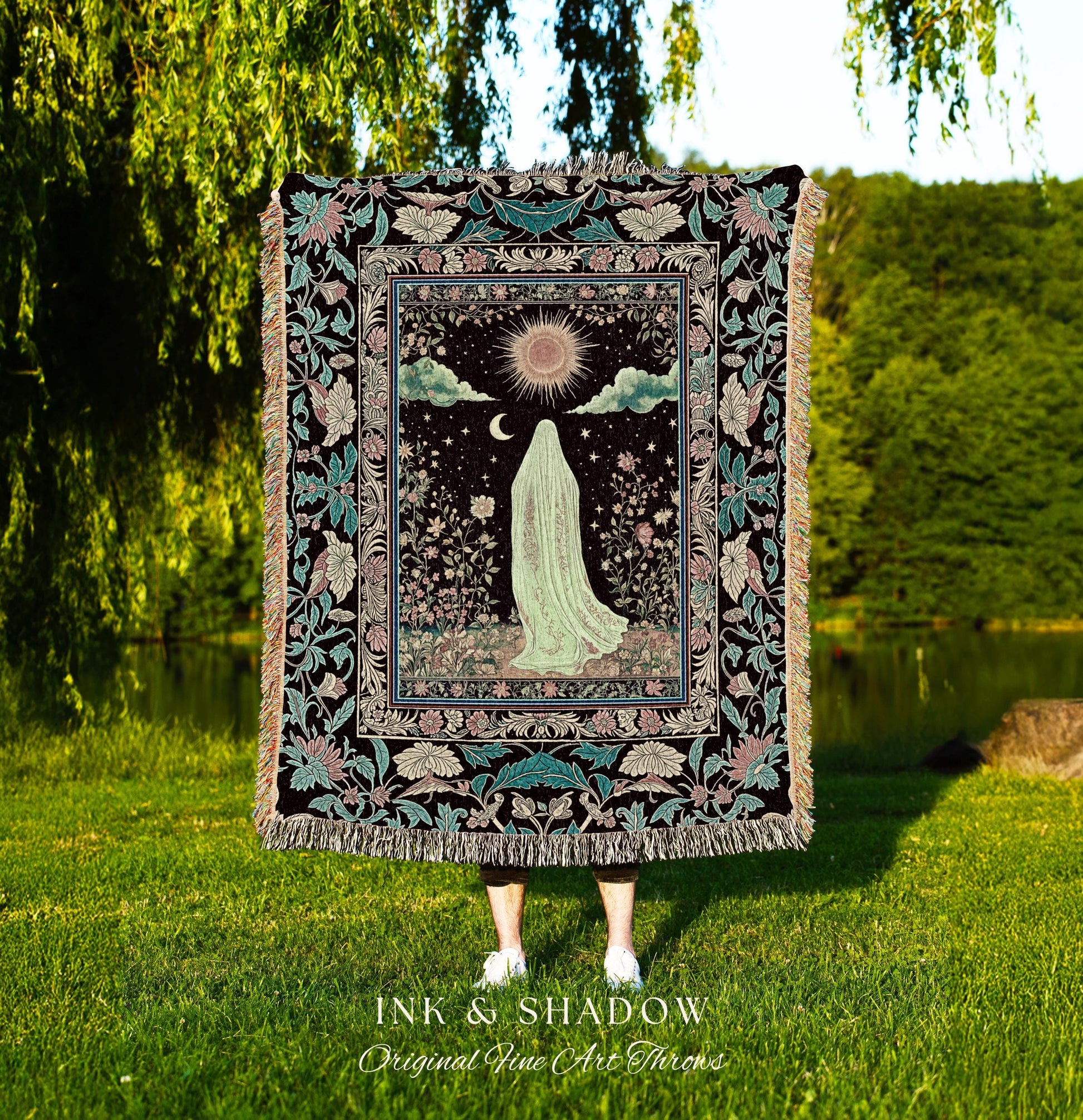 Earth Spirit Mystic Floral Ghost Throw | Cottagecore Blanket Tapestry Whimsigoth Decor Sunlit Pastel Accent Botanical Season Witchy Vintage
