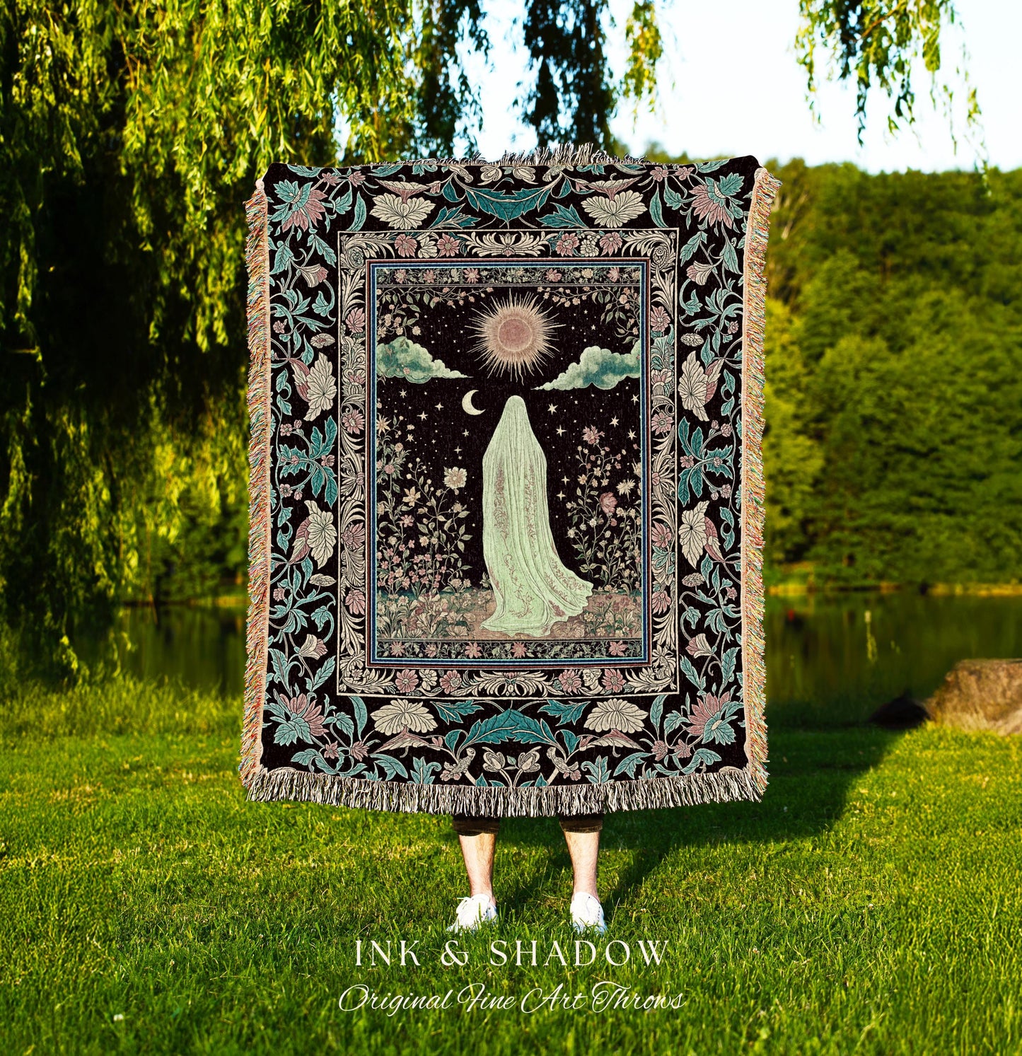 Earth Spirit Mystic Floral Ghost Throw | Cottagecore Blanket Tapestry Whimsigoth Decor Sunlit Pastel Accent Botanical Season Witchy Vintage