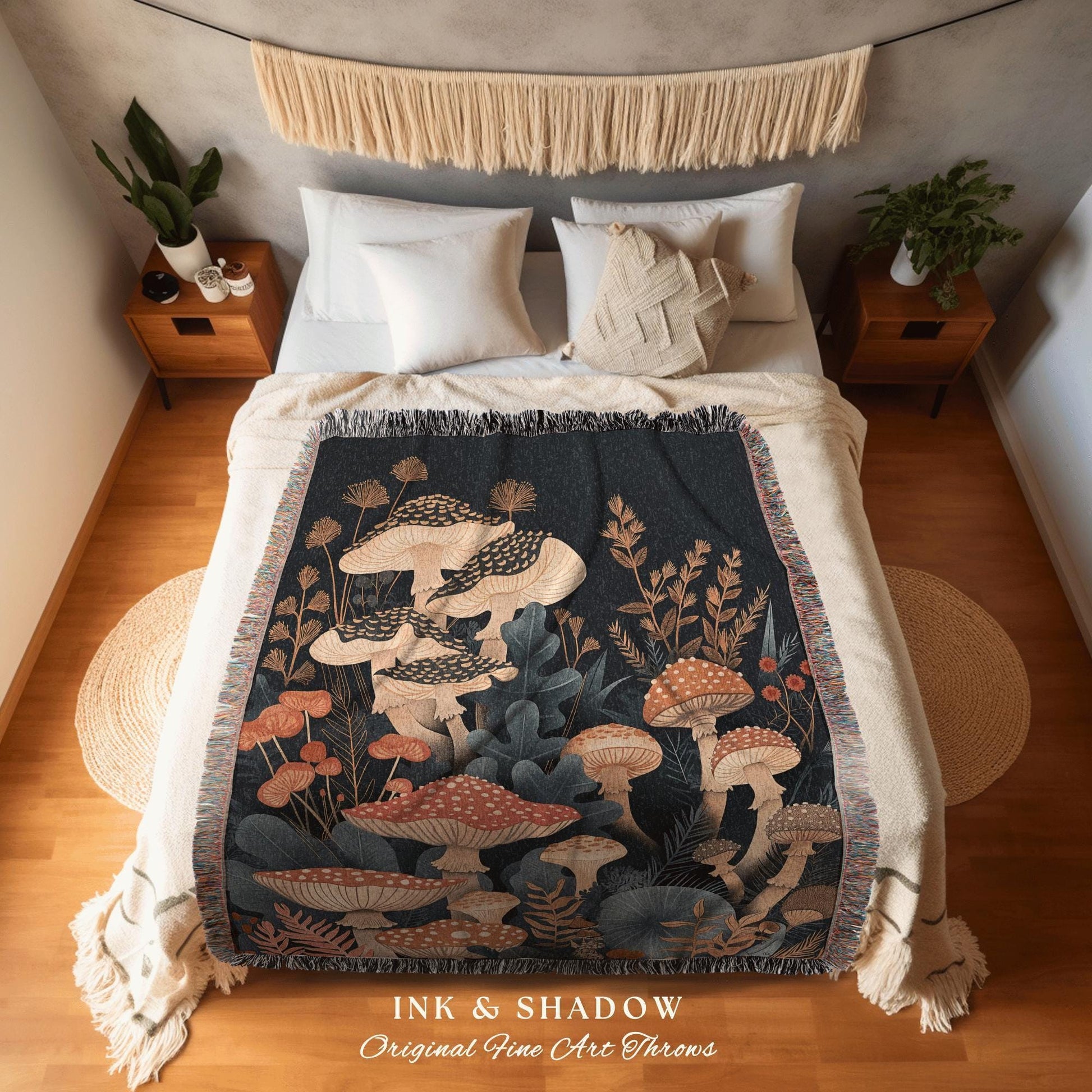 Dark Botanical Mushroom Blanket | Throw Gift for Mushroom Aesthetic Whimsical Witchy Decor Reading Nook Magical Woodland Gothic Eclectic |