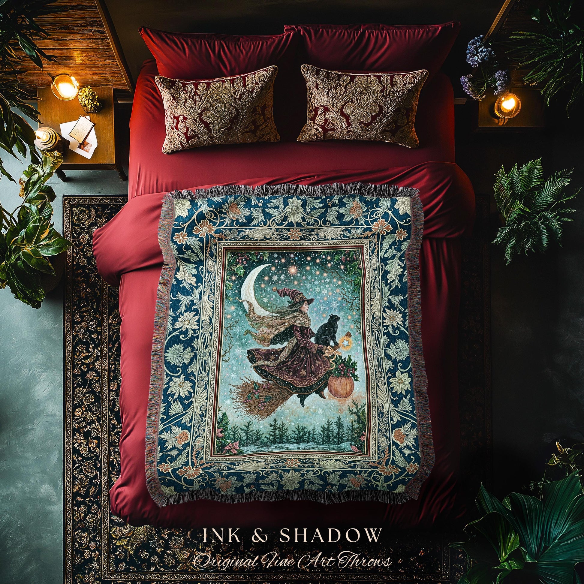 Pumpkin Witch Winter Wall Tapestry | Mystical Gothic Decor Black Cat Broomstick Spooky Season Botanical Moon Stars Winter Whimsigoth Style |