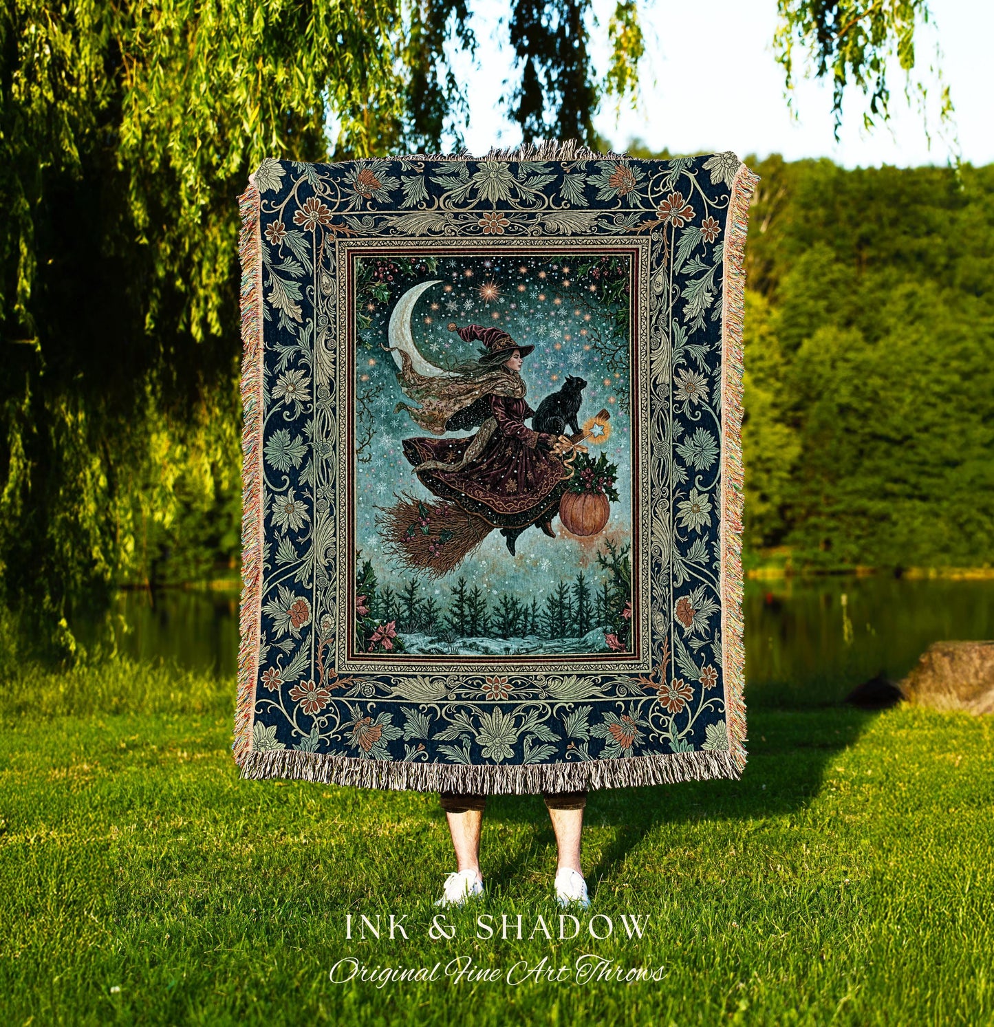 Pumpkin Witch Winter Wall Tapestry | Mystical Gothic Decor Black Cat Broomstick Spooky Season Botanical Moon Stars Winter Whimsigoth Style |