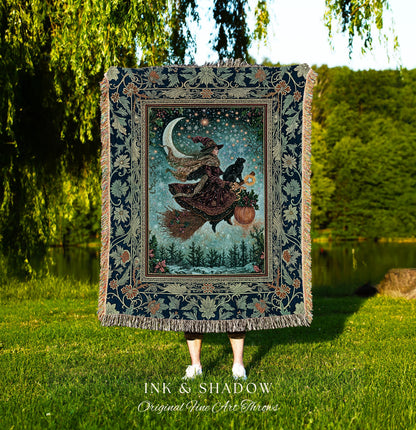 Pumpkin Witch Winter Wall Tapestry | Mystical Gothic Decor Black Cat Broomstick Spooky Season Botanical Moon Stars Winter Whimsigoth Style |