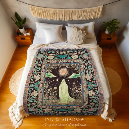 Earth Spirit Mystic Floral Ghost Throw | Cottagecore Blanket Tapestry Whimsigoth Decor Sunlit Pastel Accent Botanical Season Witchy Vintage
