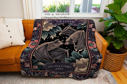 Mystical Woodland Bat Lovers Whimsigothic Anniversary Tapestry Throw | Personalized Names Woven Blanket Dark Cottagecore Custom Cute Wedding