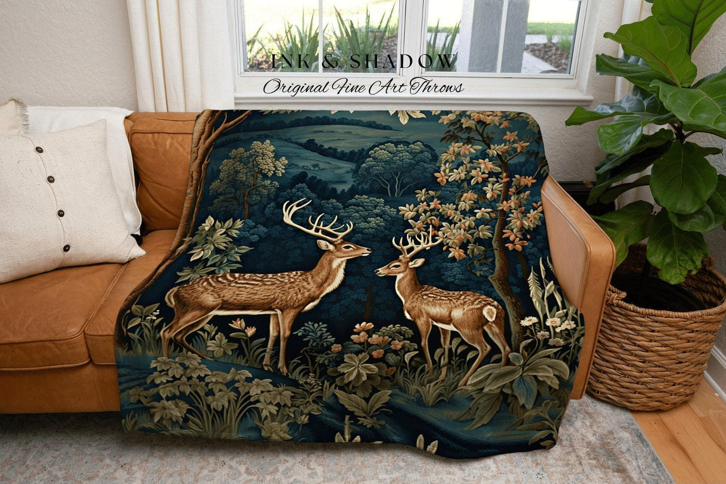 Folk Art Blanket Woodland | Folk Art Blanket Woven Tapestry William Morris Throw Dark Cottagecore Gothic Aesthetic Bedding Light Academia |