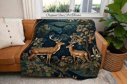 Folk Art Blanket Woodland | Folk Art Blanket Woven Tapestry William Morris Throw Dark Cottagecore Gothic Aesthetic Bedding Light Academia |