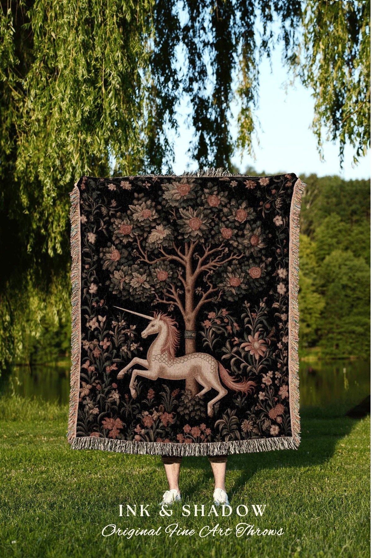 Fairycore Unicorn Blanket | Tapestry Woven Cottagecore Style Dark Academia Folklore Aesthetic Decor Gothic Maximalist Reading Blanket Gift