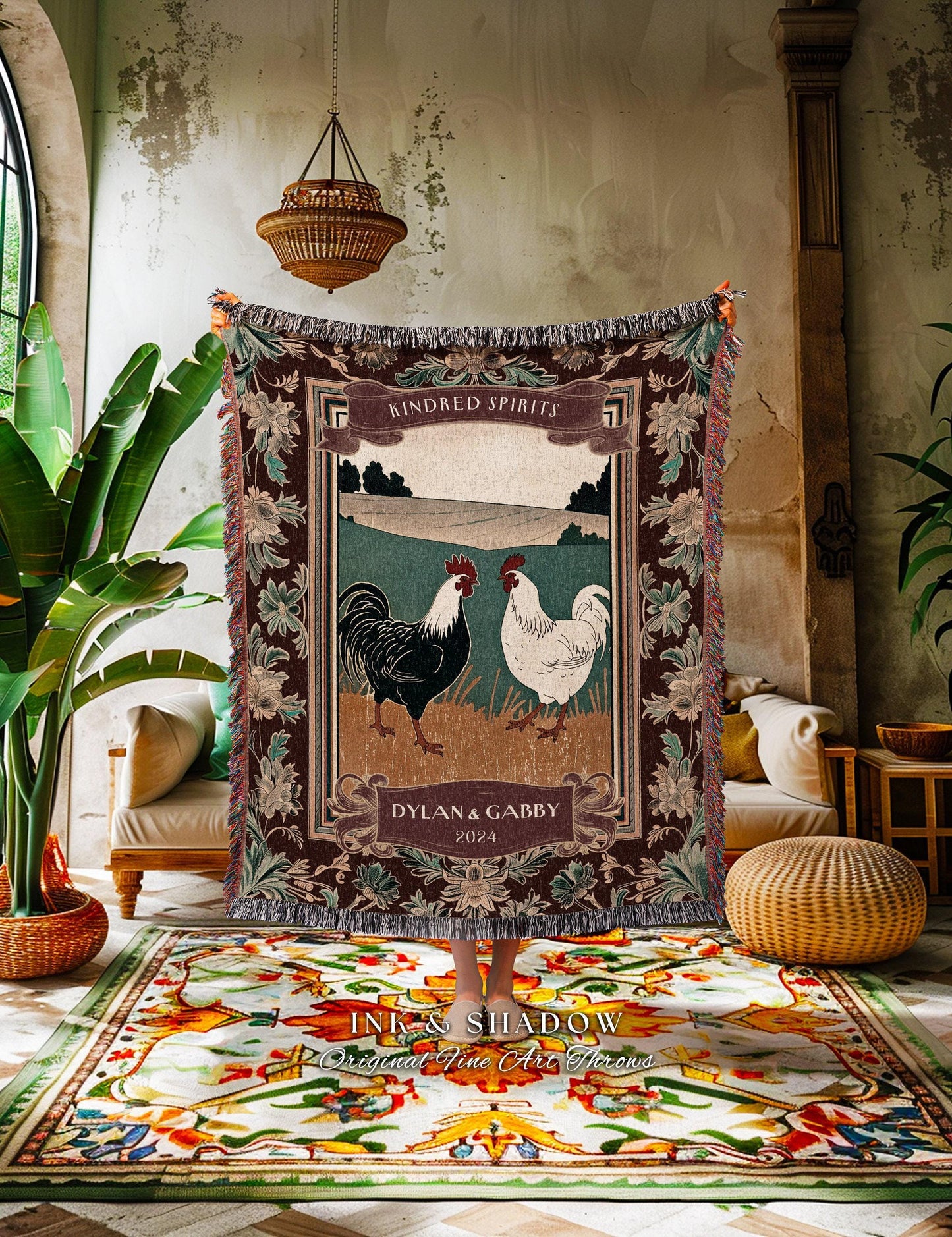 Western Aesthetic Anniversary Throw Blanket | Farmhouse Aesthetic His & Hers Custom Woven Tapestry Retro Chicken Couple Anniversary Cute |