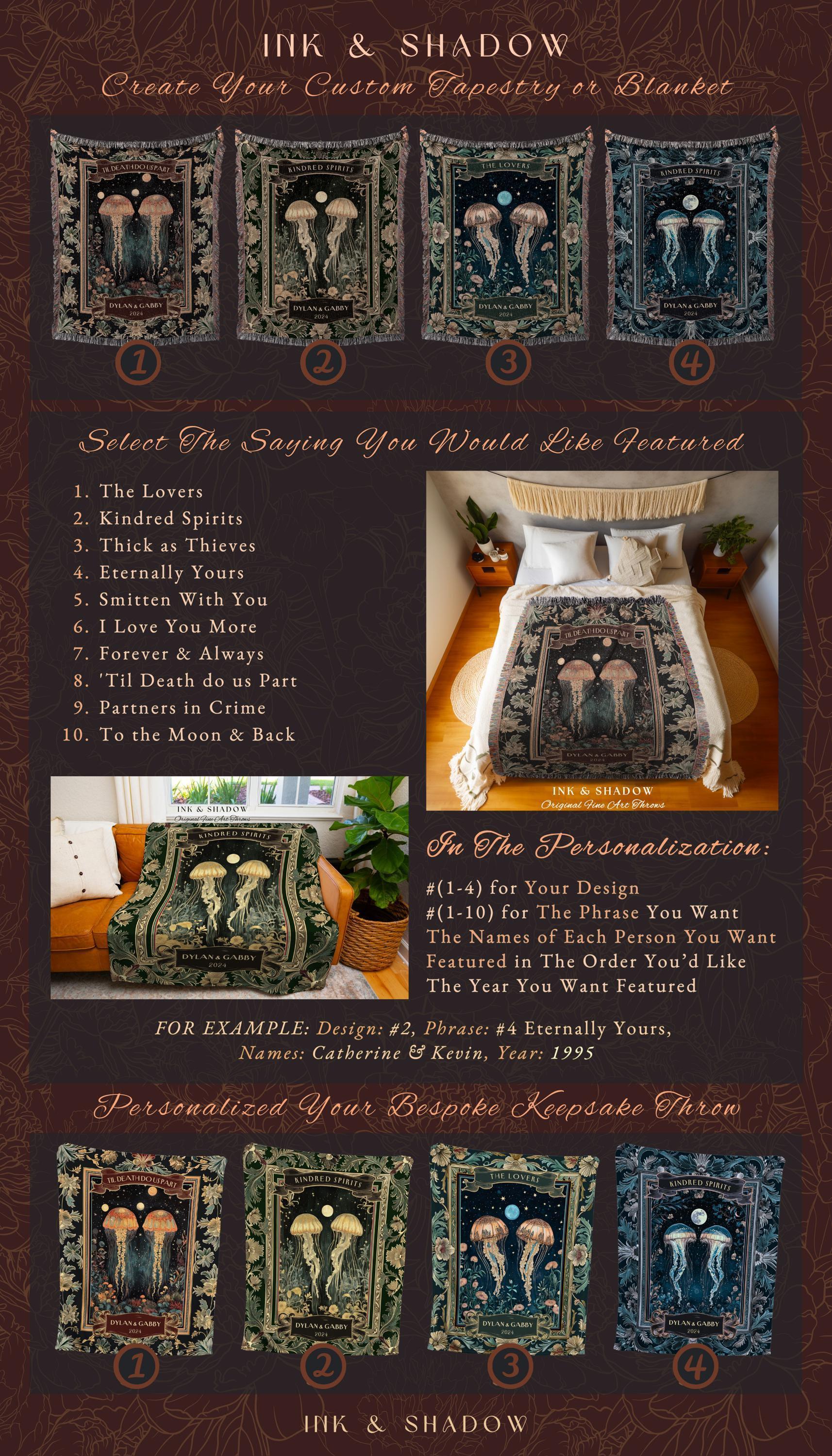 Mystic Moonlit Jellyfish Couple Custom | Personalized Tapestry Woven Wedding Anniversary Valentine His & Her Names Oceanic Art Throw Blanket