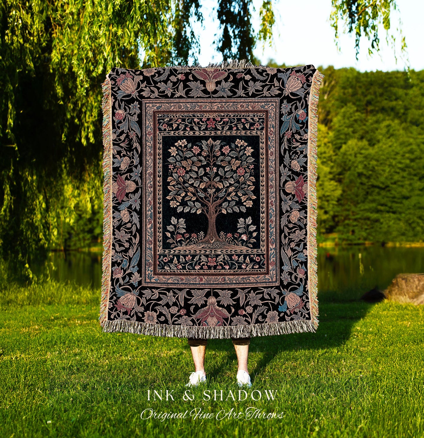 Victorian Folk Art Tree Throw Blanket Woven Cotton Wall Tapestry