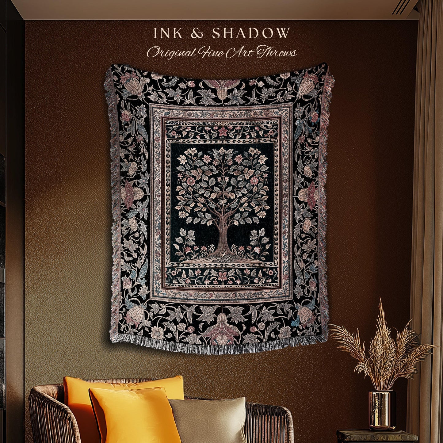 Victorian Folk Art Tree Throw Blanket Woven Cotton Wall Tapestry