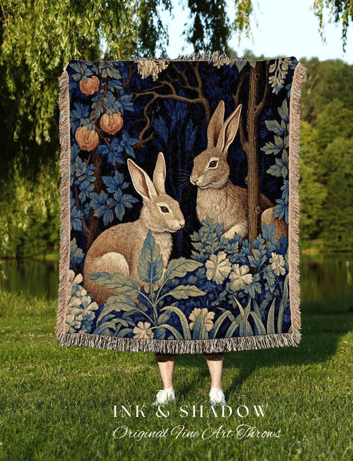 Floral Woven Rabbit Blanket | Botanical Folk Art Blanket Woven Tapestry William Morris Throw Woodland Goth Decor Cottagecore Aesthetic Decor