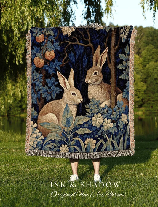 Floral Woven Rabbit Blanket | Botanical Folk Art Blanket Woven Tapestry William Morris Throw Woodland Goth Decor Cottagecore Aesthetic Decor