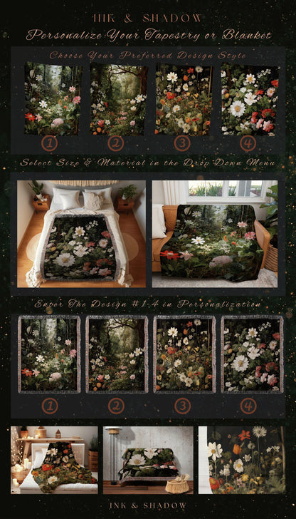 Dark Woodland Tapestry Blanket | Whimsigoth Wall Art Woven Blanket Victorian Gothic Aesthetic Tapestry Woven Botanical Fairy Decor Aesthetic