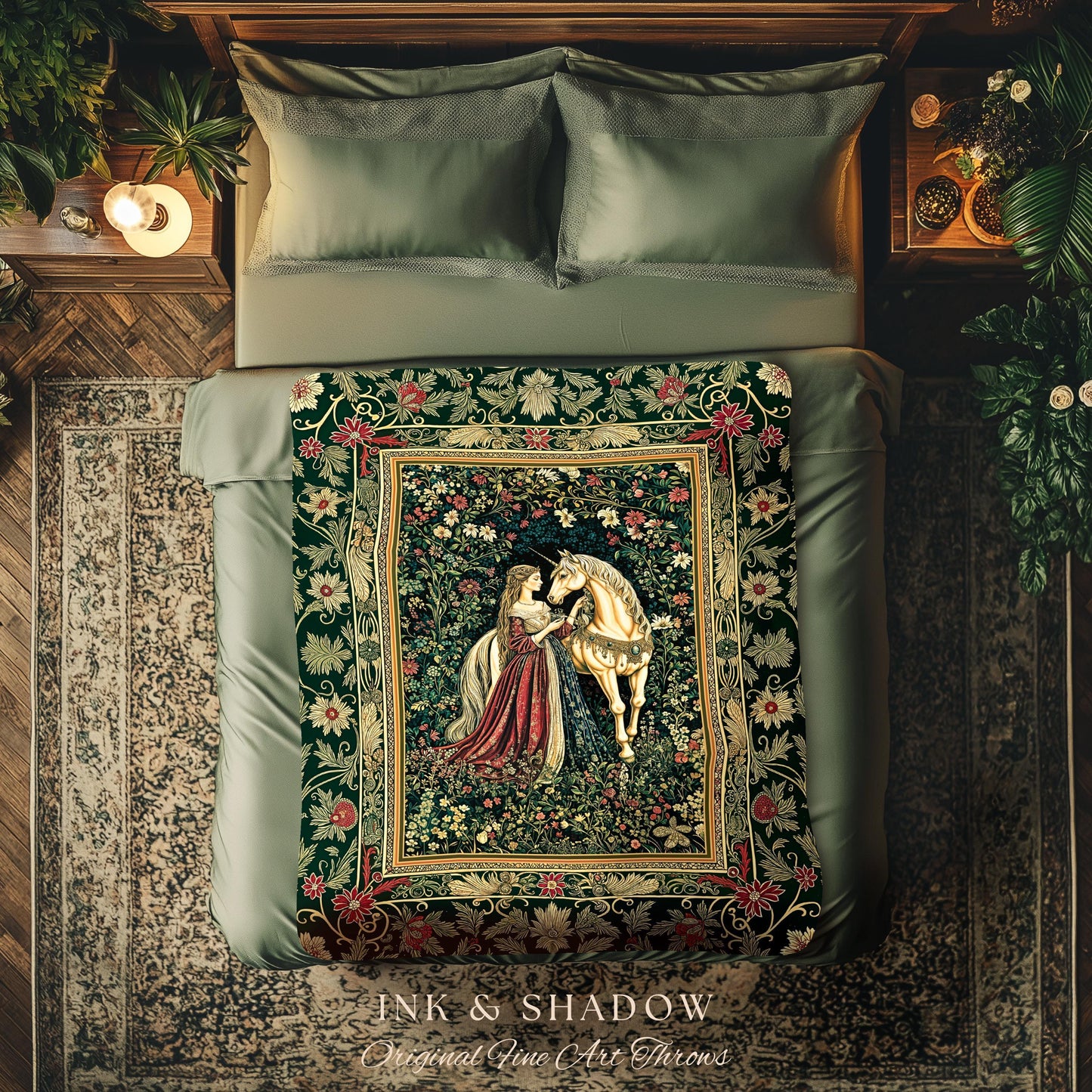 Dark Victorian Botanical Woven Wall Tapestry | Dreamy Rococo Storybook Aesthetic Romantic Fairy Bedroom Dark Cottagecore Throw Blanket |