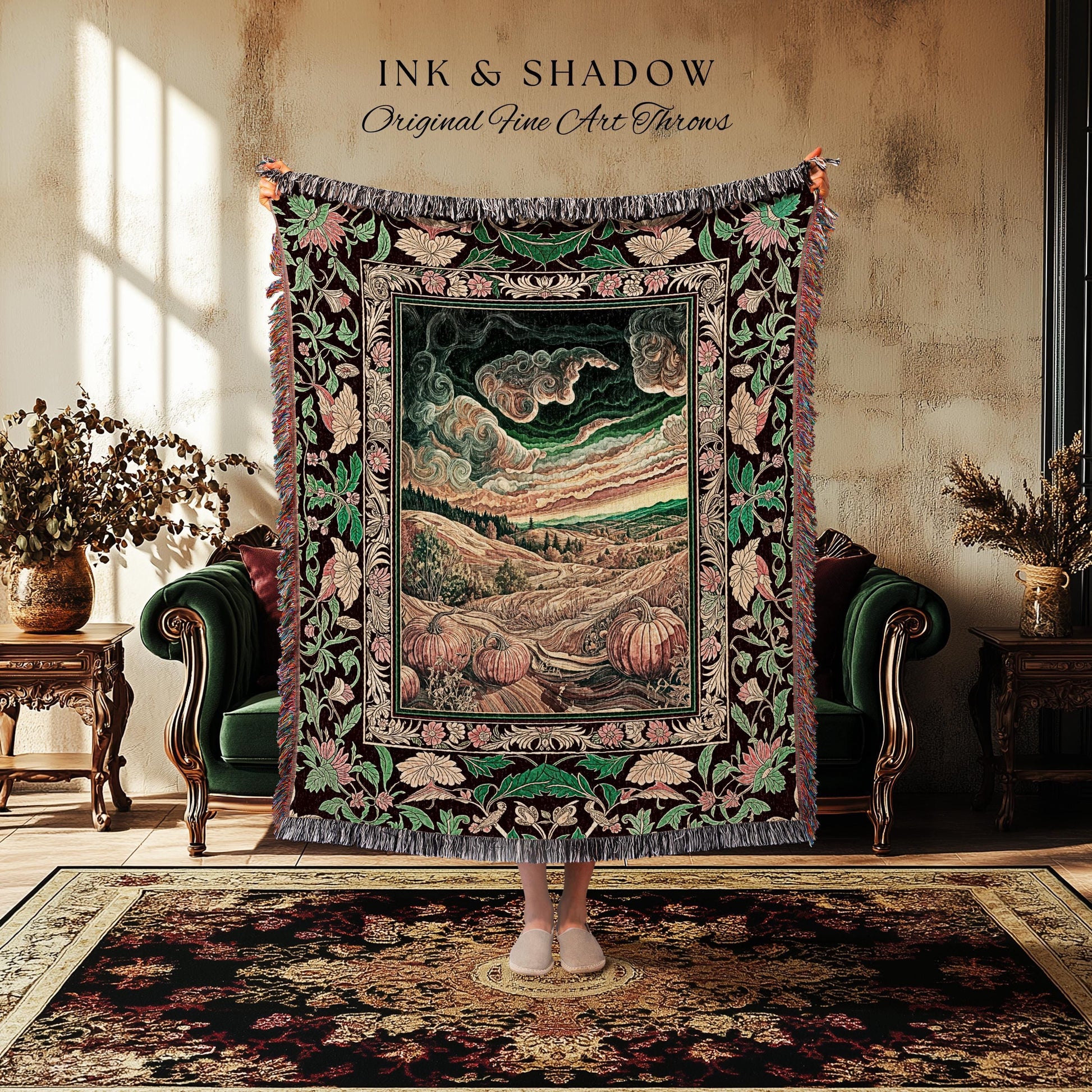 Baroque Autumn Landscape Ornate Tapestry | Whimsigothic Woven Throw Blanket Rustic Pumpkin Patch Decor Dark Academia Spooky Season Vintage |