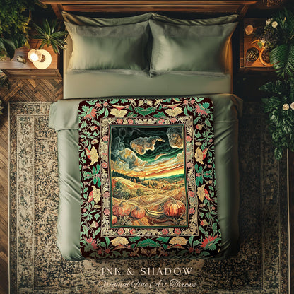 Baroque Autumn Landscape Ornate Tapestry | Whimsigothic Woven Throw Blanket Rustic Pumpkin Patch Decor Dark Academia Spooky Season Vintage |