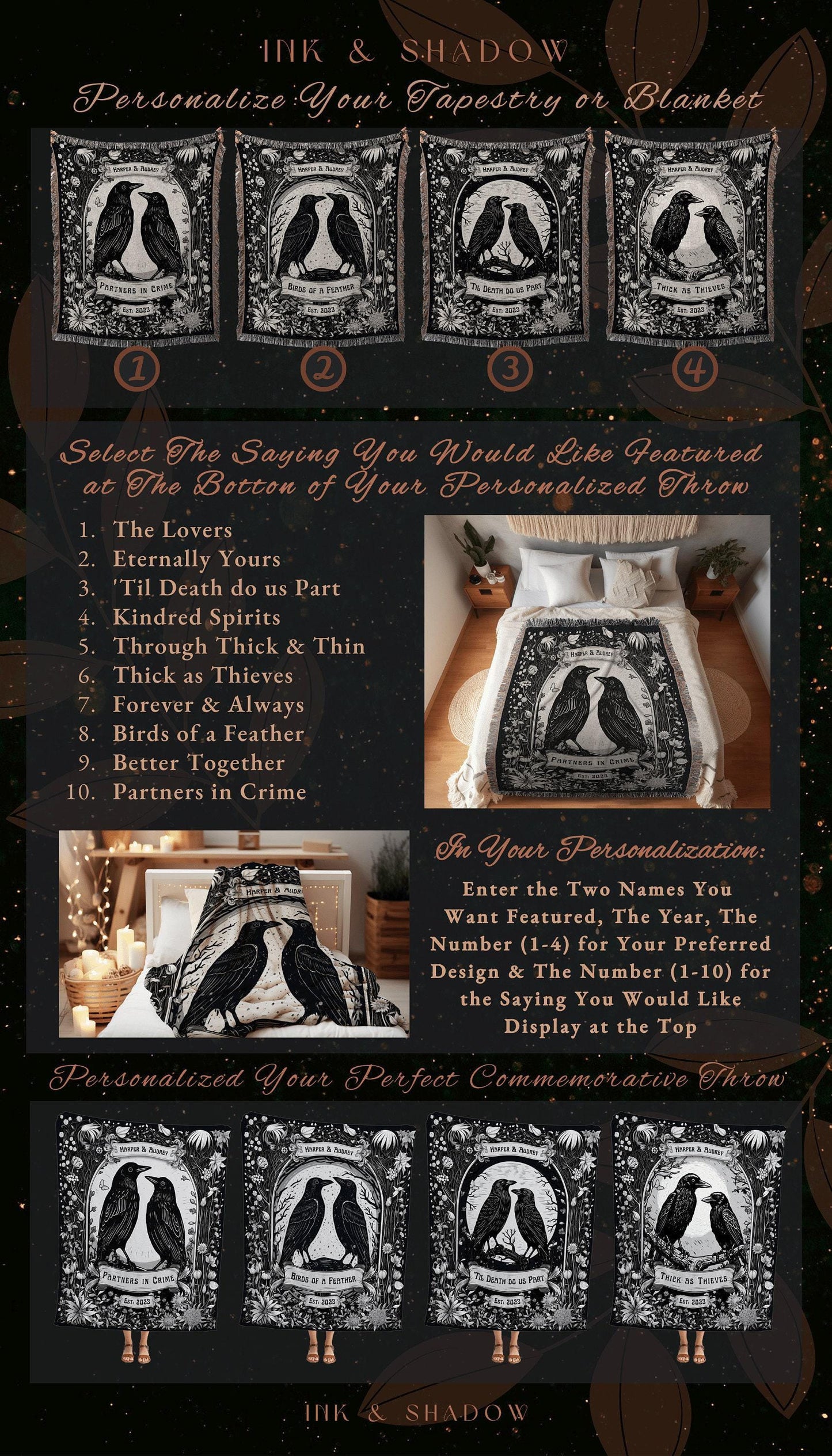 Raven Couple Custom Woven Blanket | Custom Goth Couple Gift 'Partners in Crime' Tapestry Personalized Name Blanket Anniversary Gift Gothic |