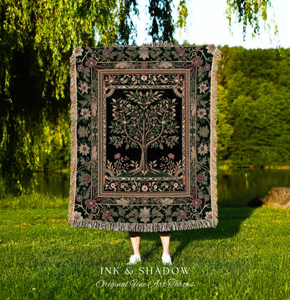 Folk Art Tree of Life Throw Blanket | Whimsical Pastel Botanical Theme Symmetrical Floral Ornate Wall Tapestry Classic Aesthetic Medieval |