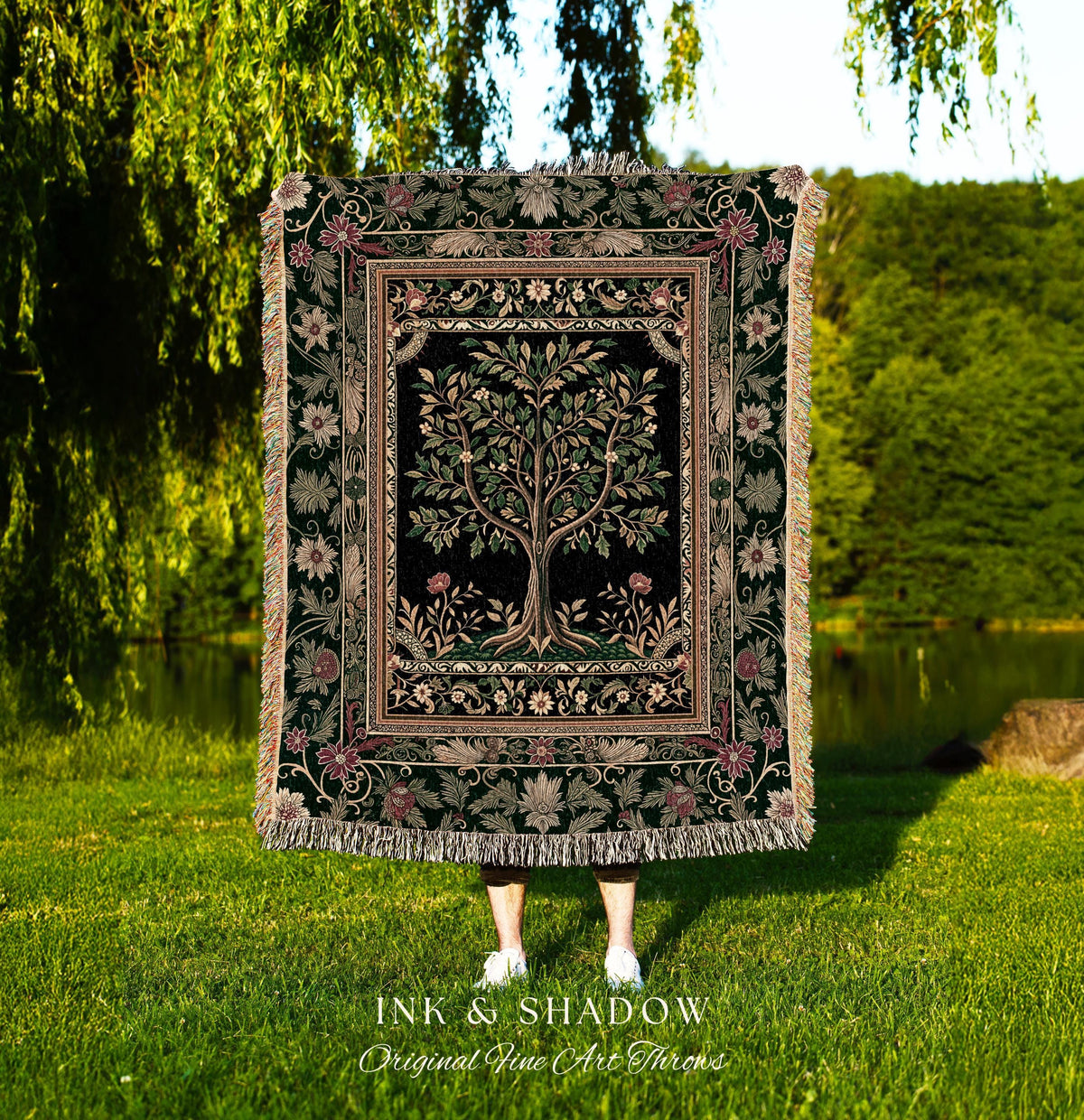 Folk Art Tree of Life Throw Blanket | Whimsical Pastel Botanical Theme Symmetrical Floral Ornate Wall Tapestry Classic Aesthetic Medieval |